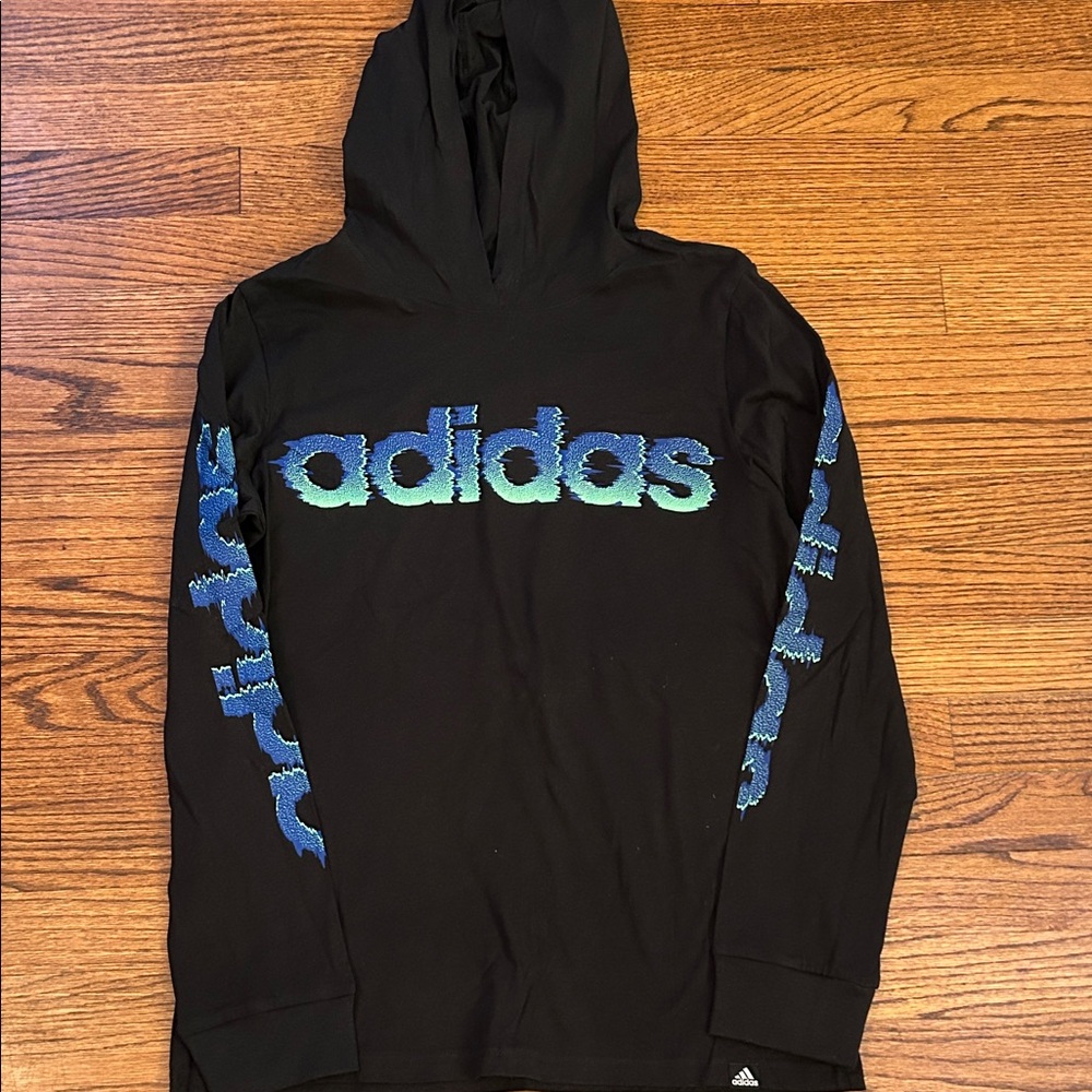 Adidas Black Hoodie with Vibrant Blue-Green Logo